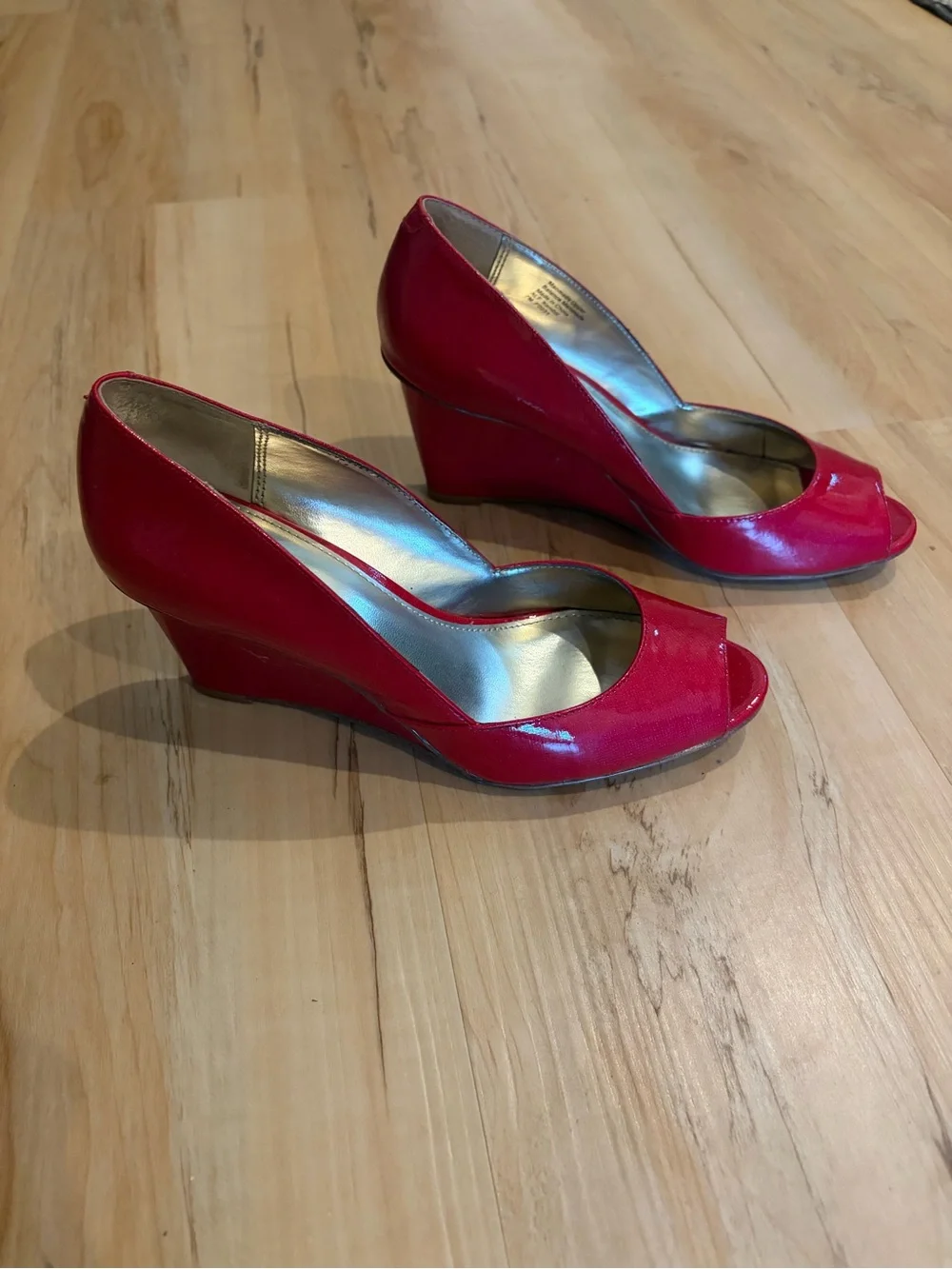 Alfani Red Patent Peep-Toe Wedge Heels